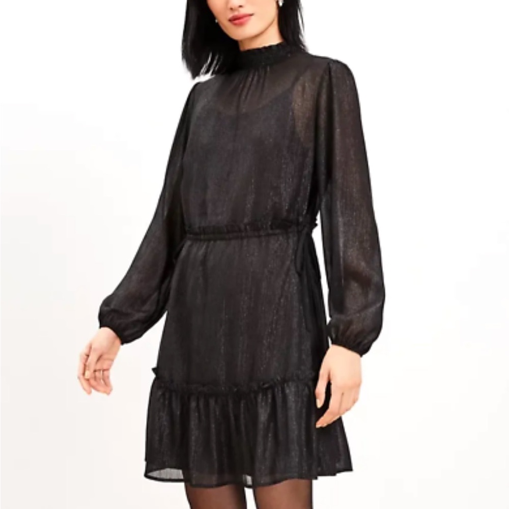 Loft NWT smocked neck black metallic tiered swing dress